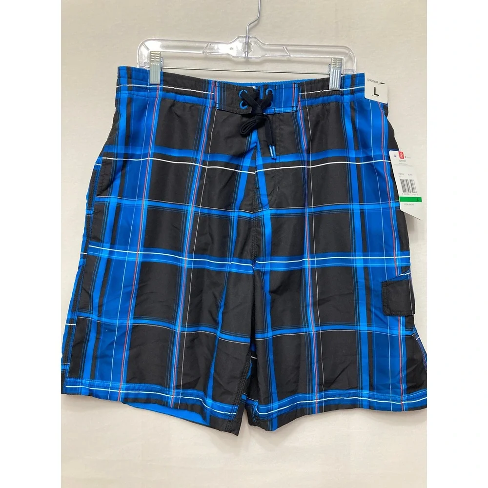 NWT Speedo Swim Trunks Mens Large Blue Black Plaid Board Shorts Mesh Vacation